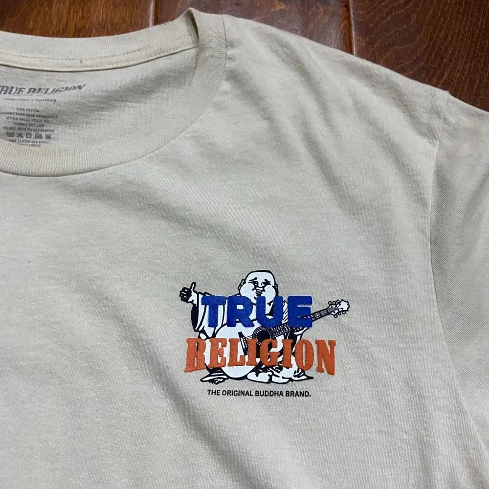 True Religion Basic Fit Tan Brown Buddha Logo T-Shirt Cotton Men's Size Large